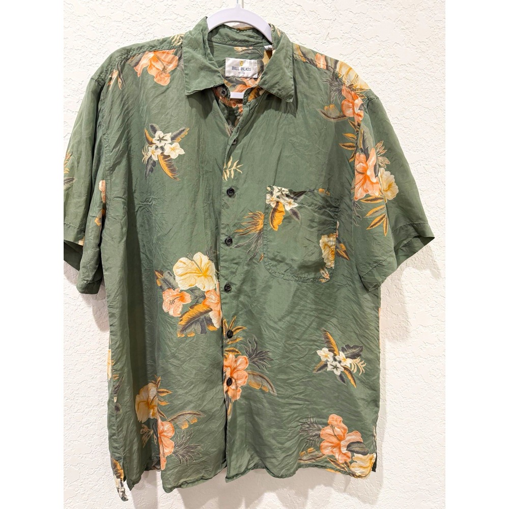 Vintage Bill Blass Men's M Floral Hawaiian Silk Button-Up Shirt w/ Pockets